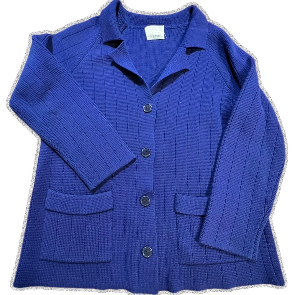 VINTAGE 60s classic knit sweater cardigan blazer collar lapel tunic navy blue‎